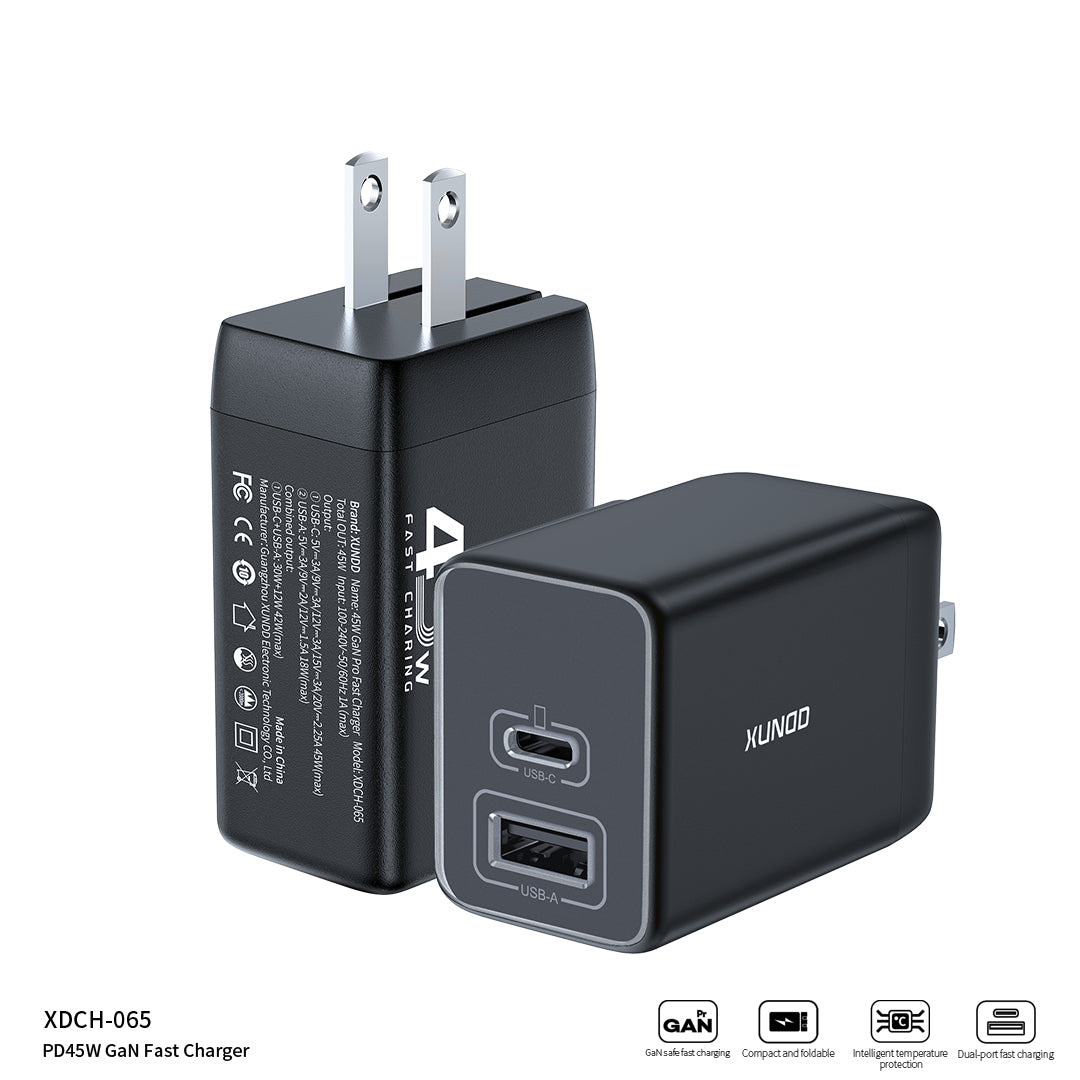 XUNDD XDCH-065 GaN Power Adapter Type-C+USB-A Dual Port 45W Fast Charging Block XUNDD XDCH-065 GaN Power Adapter Type-C+USB-A Dual Port 45W Fast Charging Block